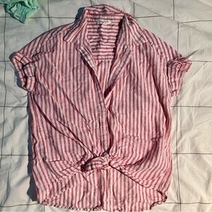 Beach Lunch Lounge Linen Blend Red Off White Stripe Top Button Tie Front Size S